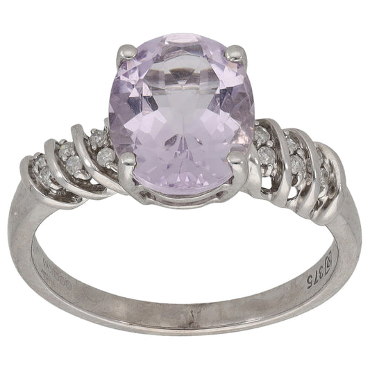 9ct White Gold Amethyst & 0.12ct Diamond Single Stone Ring with Accent Stones Size L