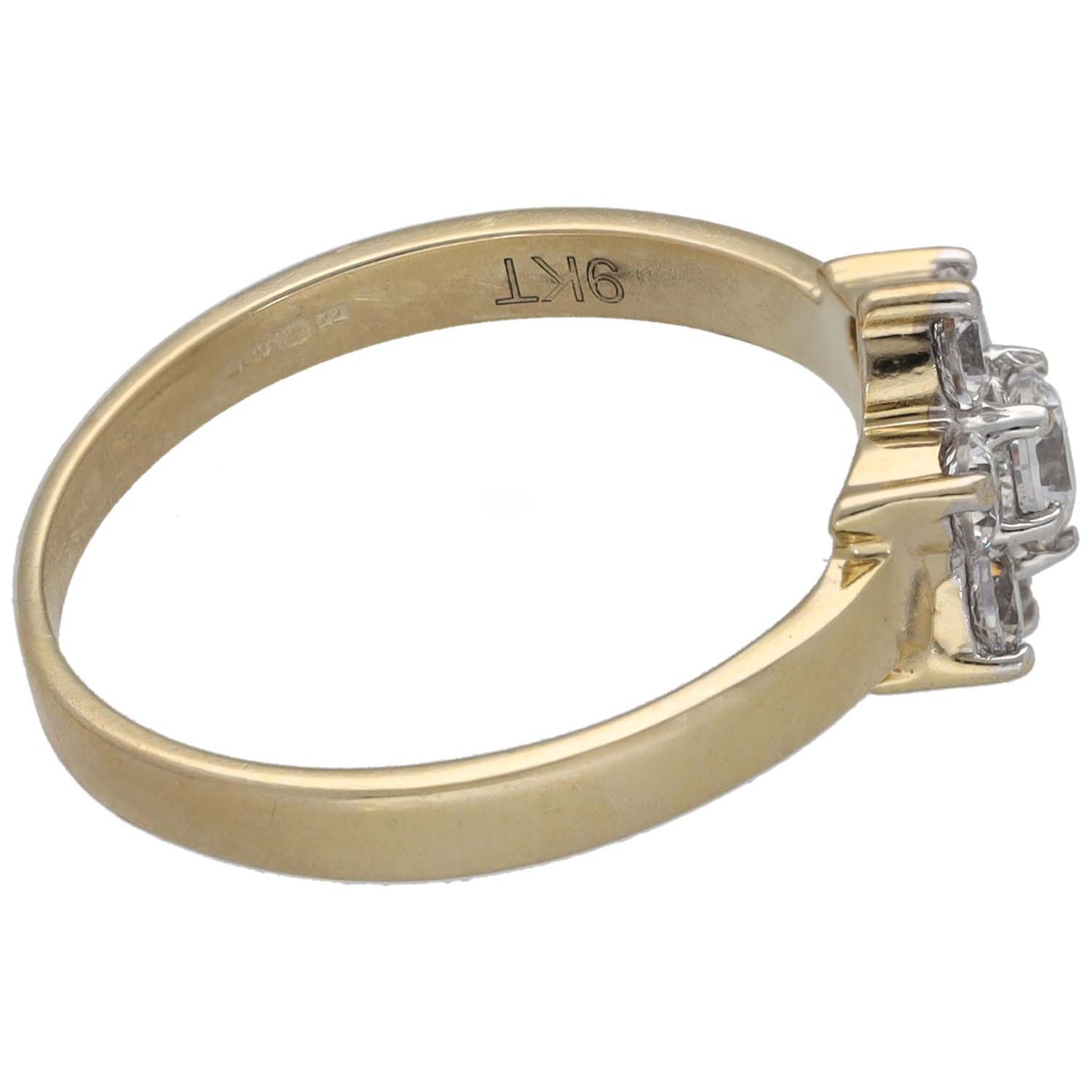 Gold ring side view with engraved inside and prong-set CZ accent