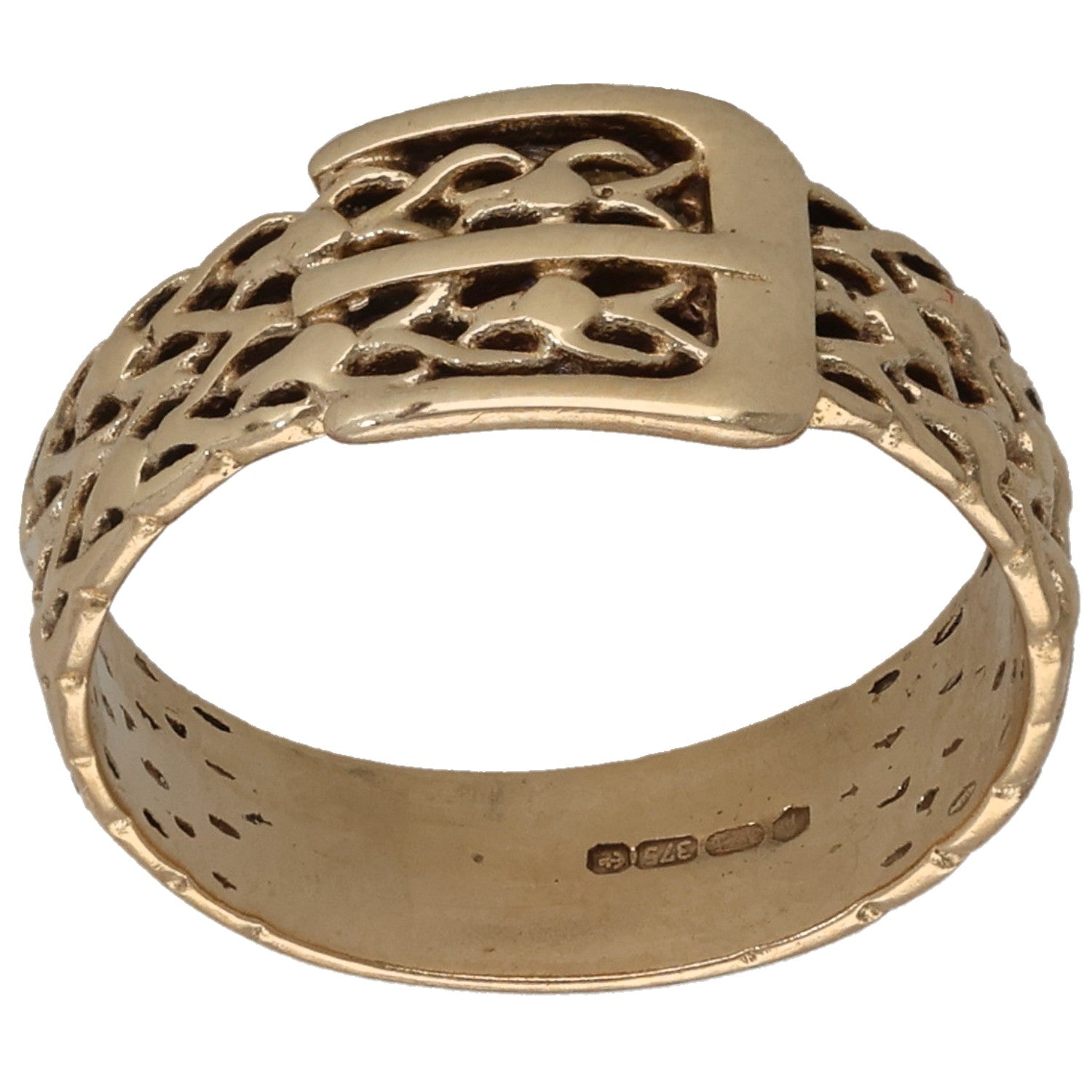 9ct gold buckle ring with openwork knot detail and textured band