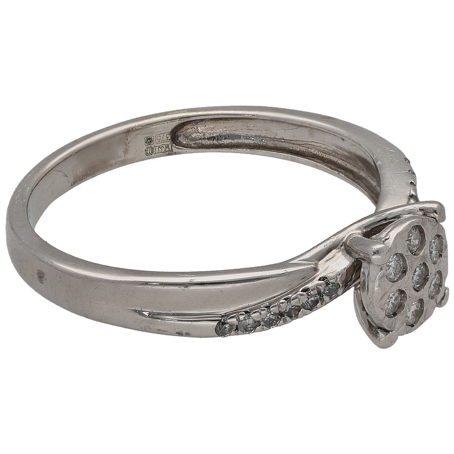 White gold diamond cluster ring with round center and pavé shoulders