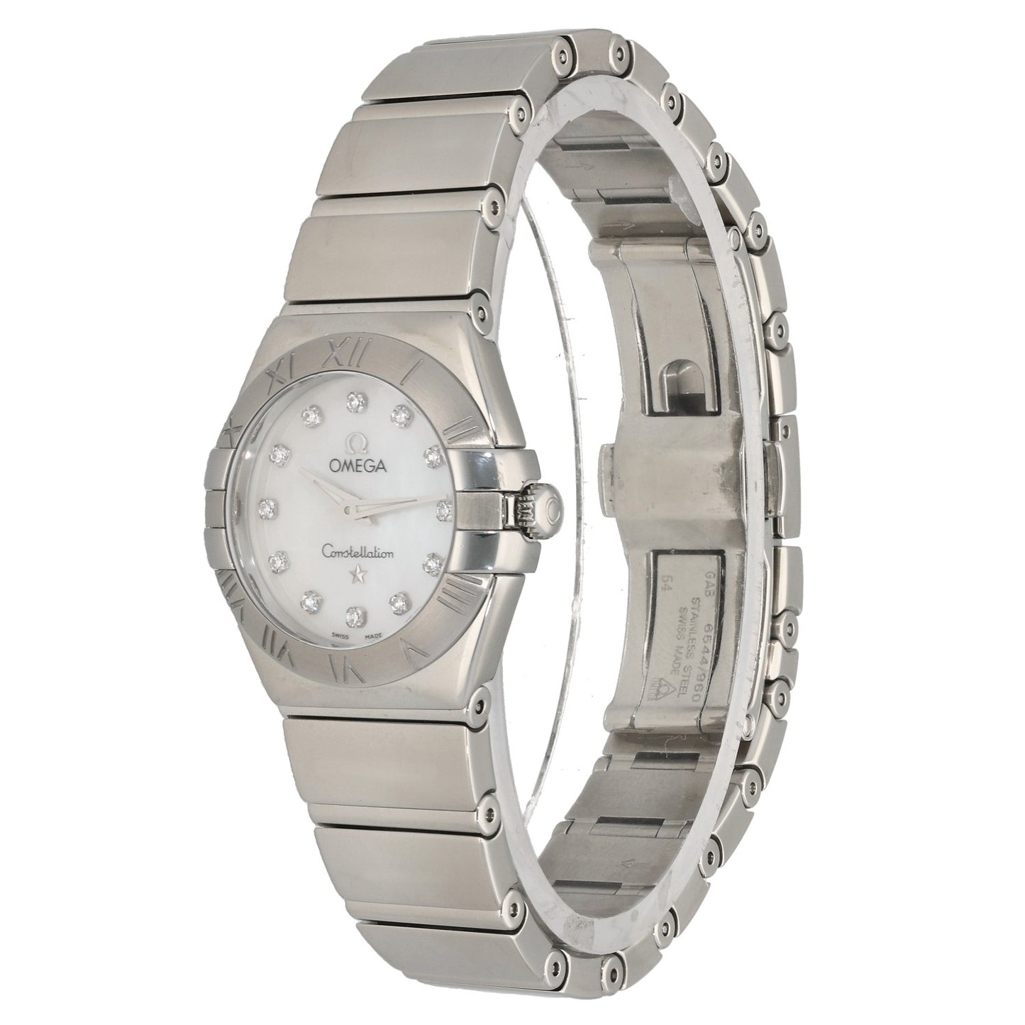 Omega Constellation 131.10.25.60.52.001, stainless steel bracelet and case housing a white Mother of Pearl dial with diamond hour markers, front  angle image
