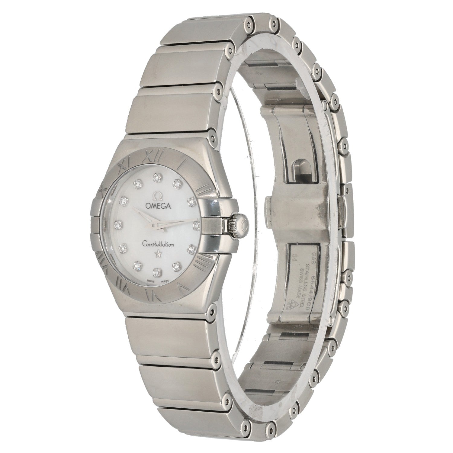 Omega Constellation 131.10.25.60.52.001, stainless steel bracelet and case housing a white Mother of Pearl dial with diamond hour markers, front  angle image