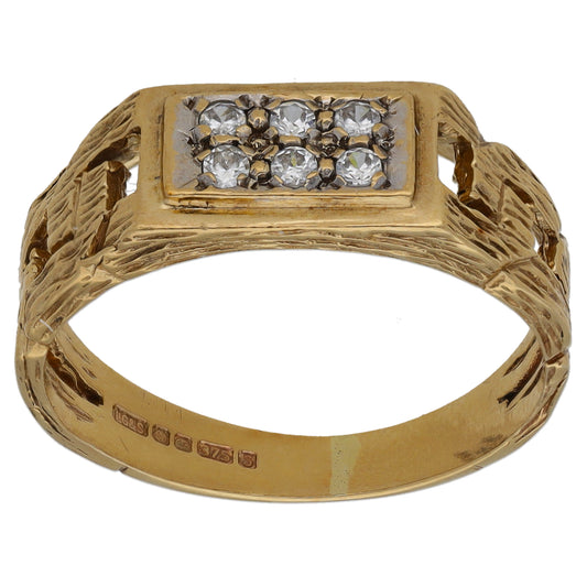 9ct Gold Cubic Zirconia Patterned Signet Ring Size R