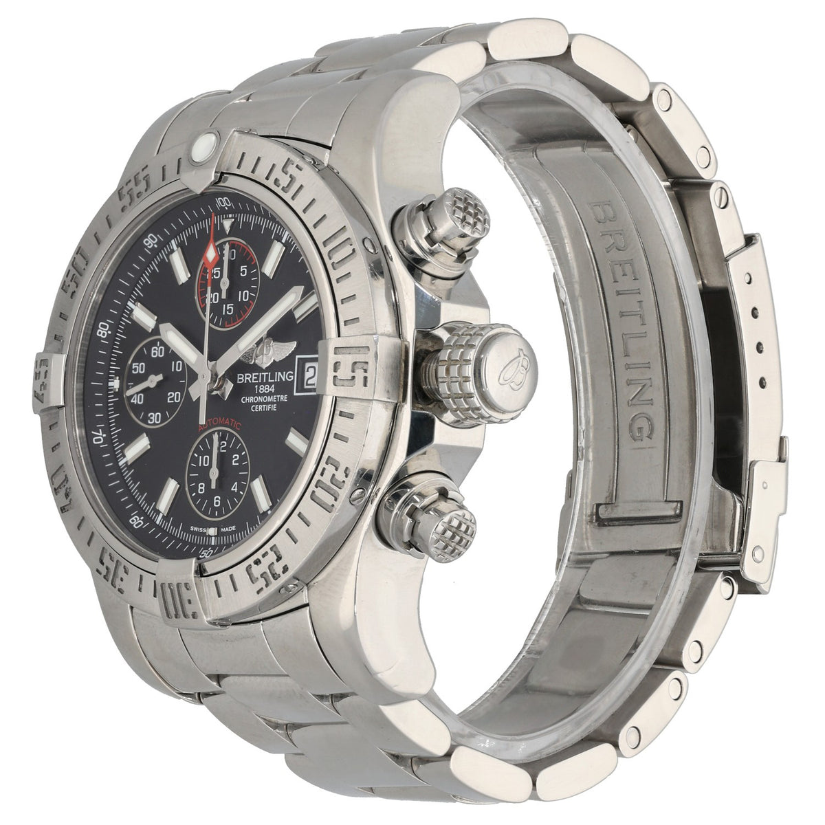 Breitling Avenger II A13381 Stainless steel watch showing side view with knurled pushers, black dial, link bracelet