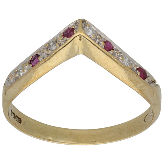 9ct Gold Ruby & 0.04ct Diamond Wishbone Ring Size L