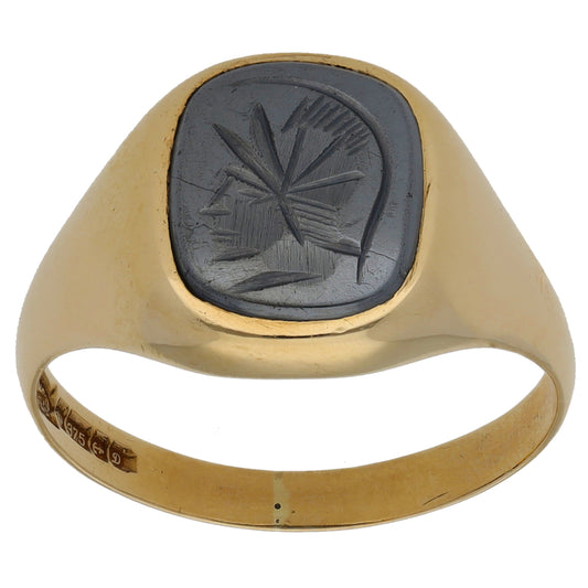 9ct Gold Hematite Patterned Signet Ring Size V