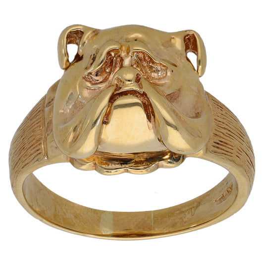 9ct gold animal ring with bulldog head motif and open side cutouts, size U