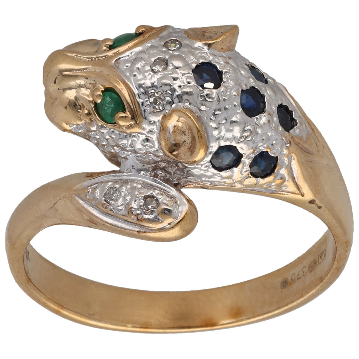 Gold-tone animal ring with textured silver head, green eye and dark blue stones