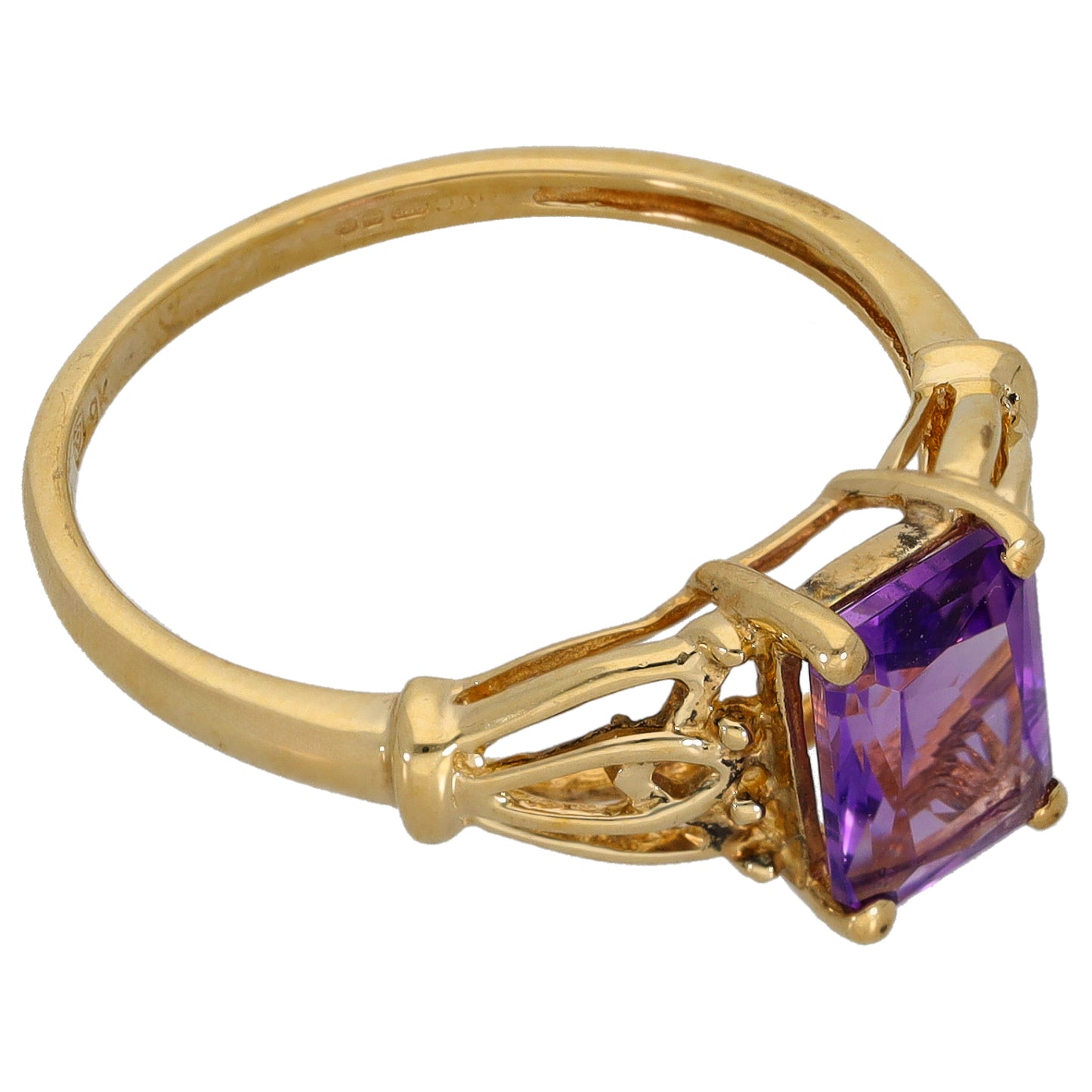 Gold amethyst single-stone ring with square purple gem in four-prong setting