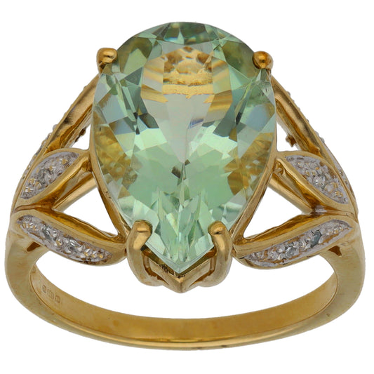 9ct Gold Green Quartz & 0.05ct Diamond Dress/Cocktail Ring Size N