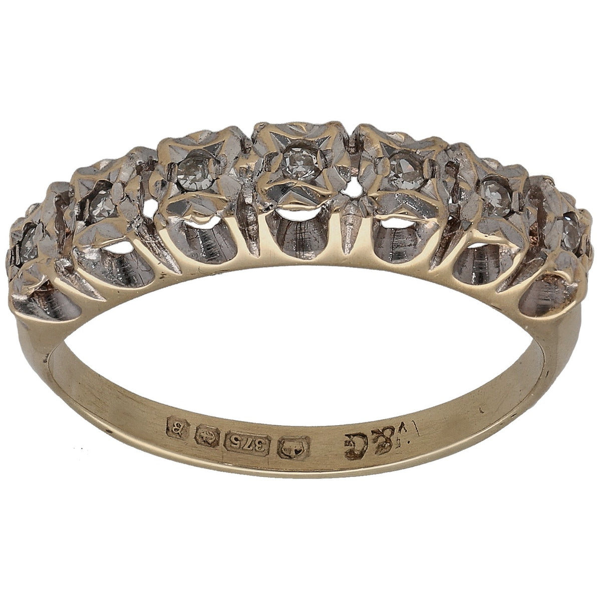 9ct gold half eternity ring with round diamonds in bezel settings; size L