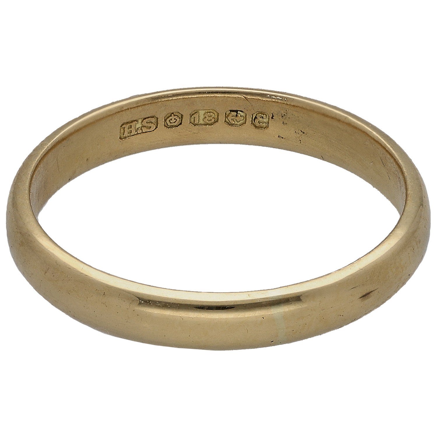 18ct gold wedding ring with stamped inner hallmarks, polished band, size N