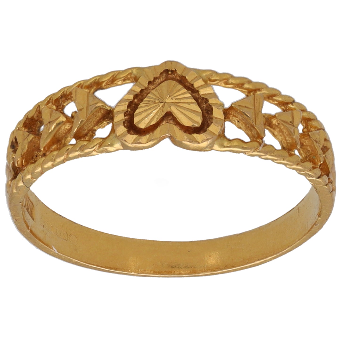 Gold alternative ring, size M, ornate raised center and twisted link band