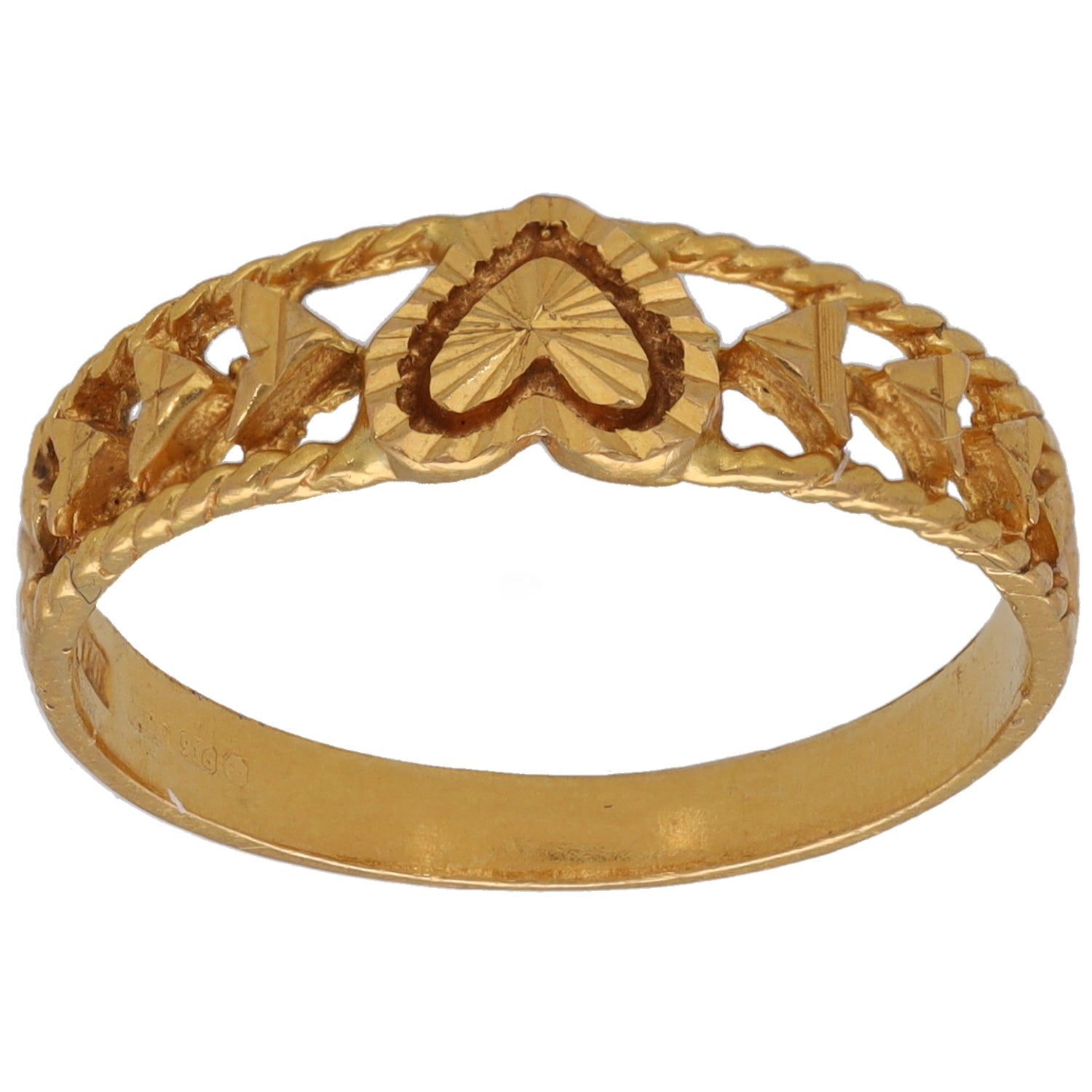 Gold alternative ring, size M, ornate raised center and twisted link band