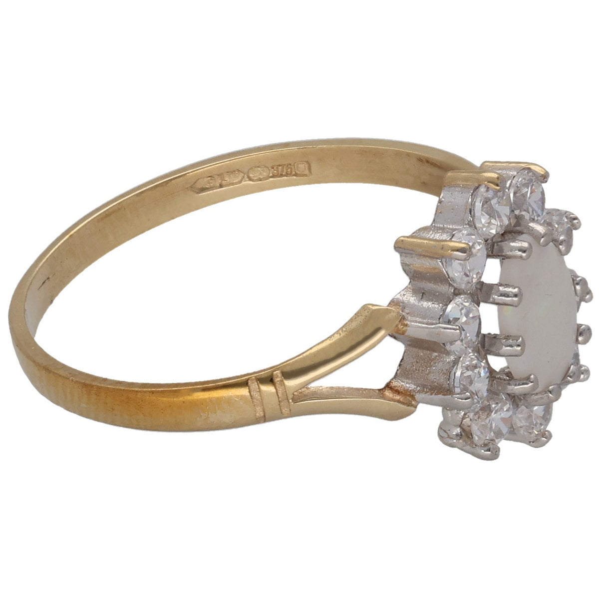 9ct gold cocktail ring side view with CZ cluster set on open cuff band