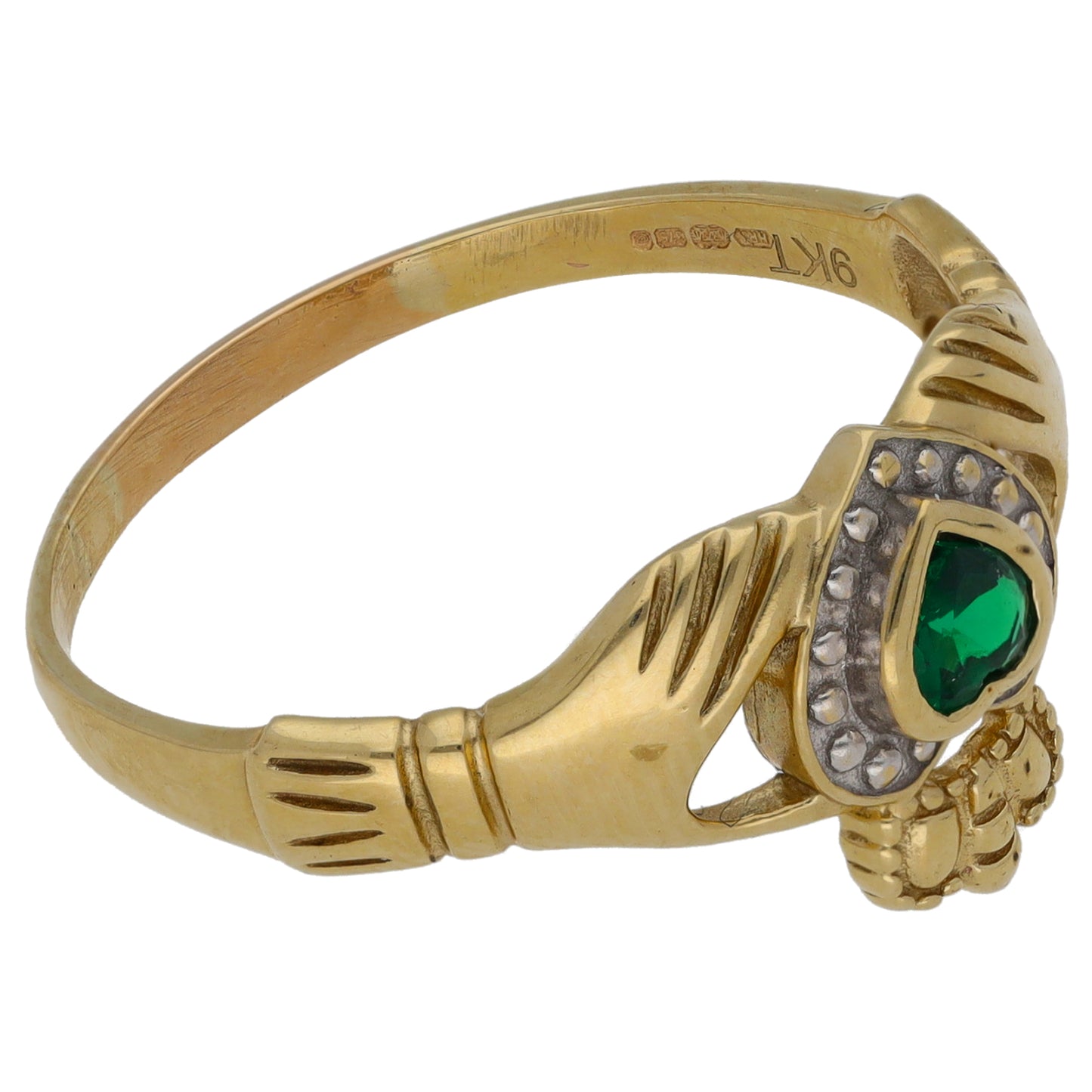 9ct Gold Man Made Emerald Claddagh Ring Size X