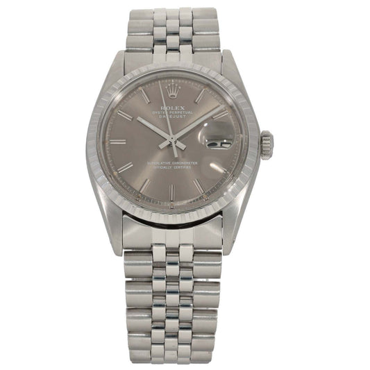 Stainless steel Rolex Datejust 36mm wristwatch with gray dial and metal bracelet