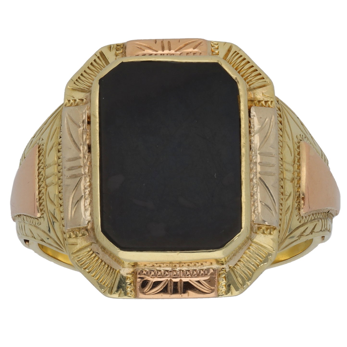 14ct Bi-Colour Gold Onyx Single Stone Patterned Signet Ring Size U