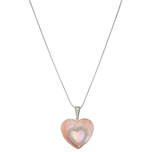 9ct White Gold Mother Of Pearl & 0.10ct Diamond Heart Pendant With Chain