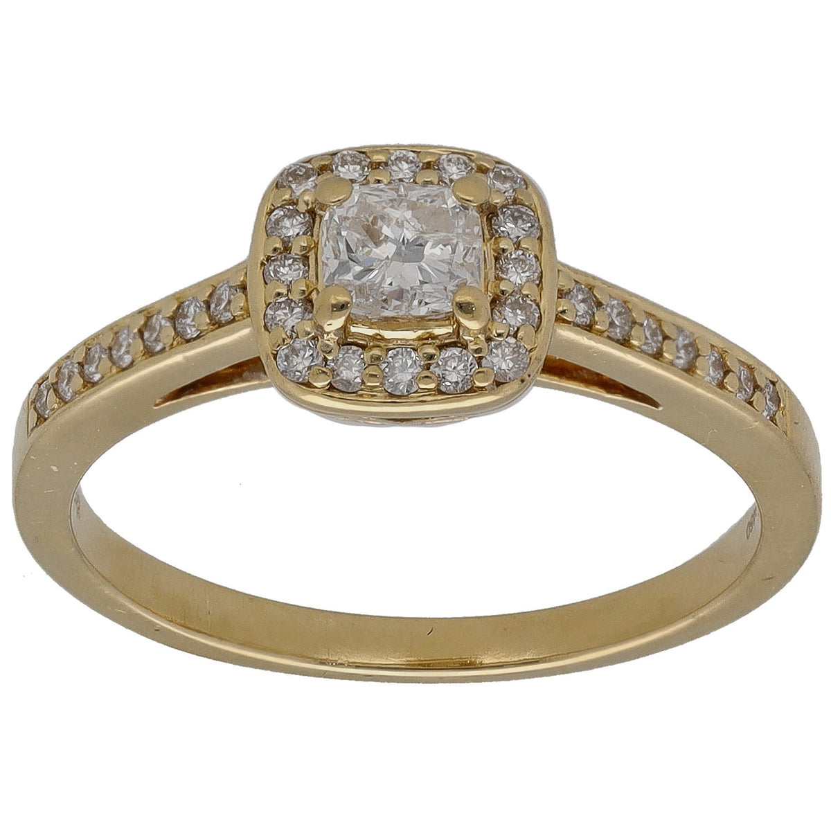 18ct gold cushion diamond cluster ring with pavé diamond band