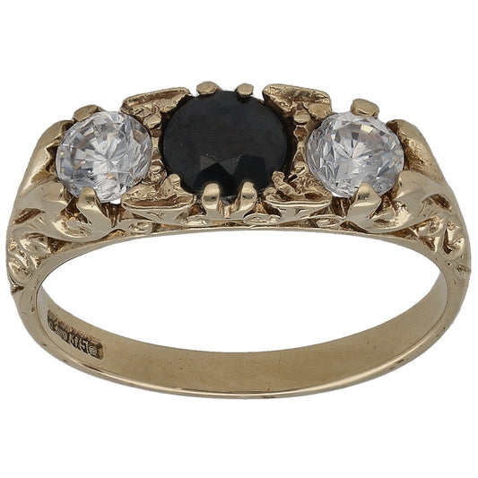 9ct Gold Sapphire & Cubic Zirconia Three Stone Ring Size M