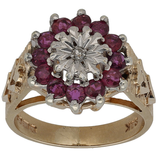 9ct Gold Ruby & 0.005ct Diamond Cluster Ring Size M