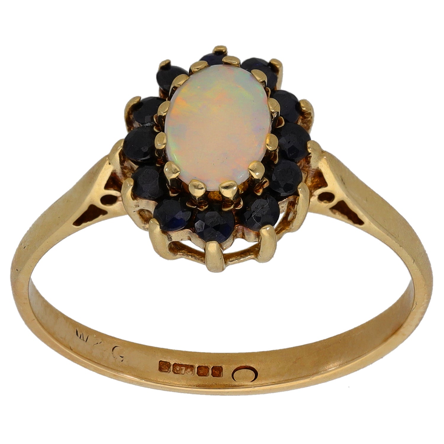 9ct gold opal single-stone ring with oval opal center and dark gemstone accents