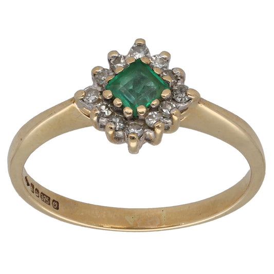 9ct Gold 0.12ct Diamond & Emerald Cluster Ring Size M