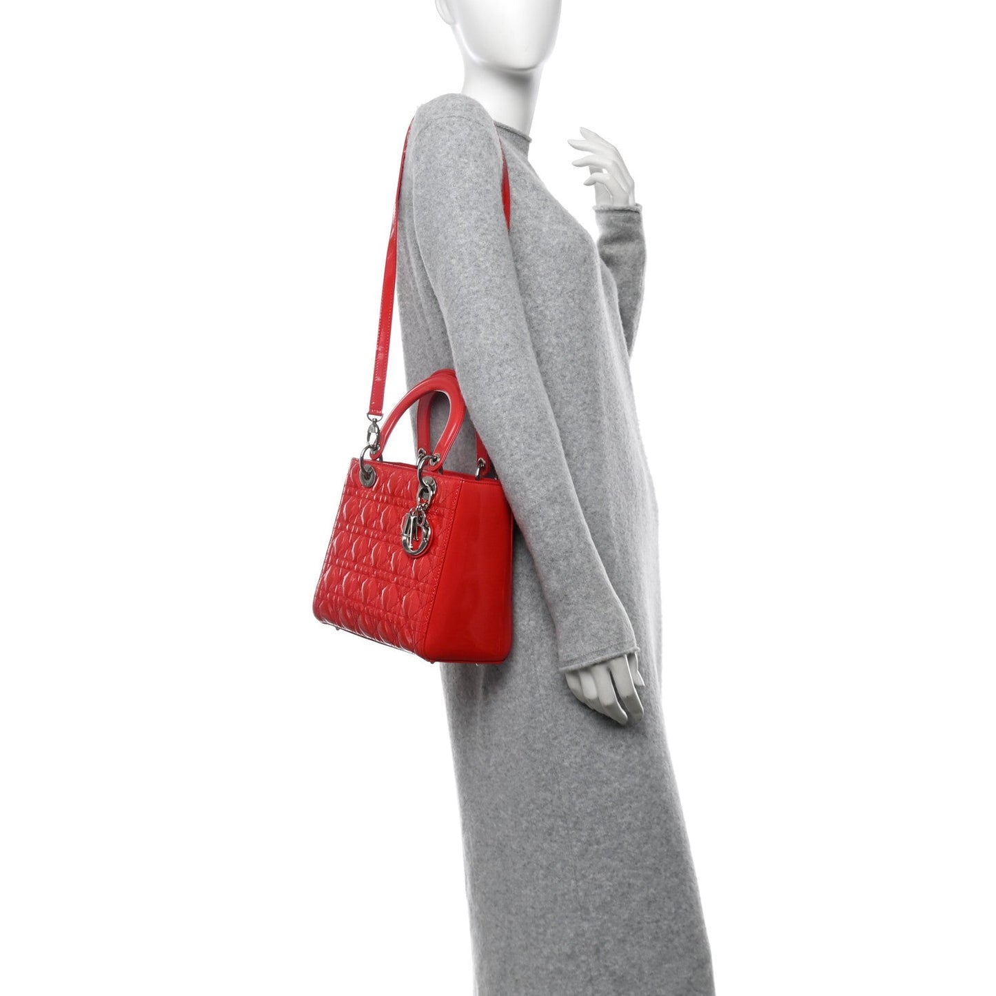Christian Dior Patent Lady Dior SHW Cannage Tote Leather Bag - Red
