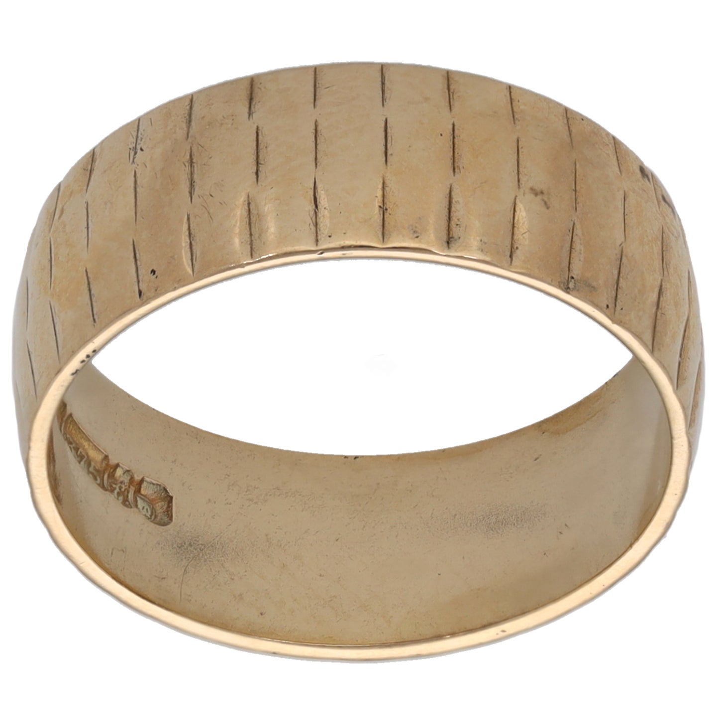 9ct gold patterned wedding ring with vertical textured outer band and plain inner rim