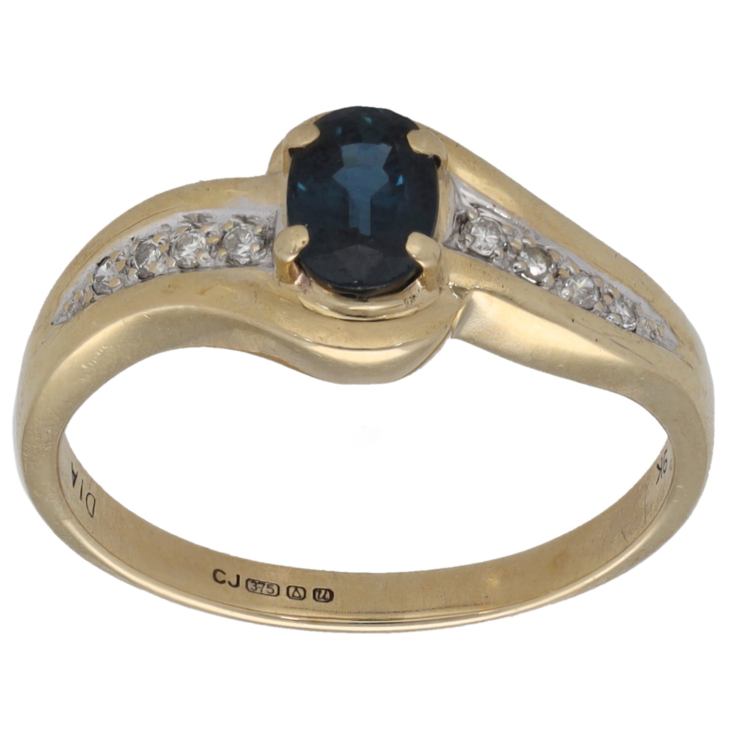 9ct Gold Sapphire & 0.04ct Diamond Single Stone Ring With Accents Size M