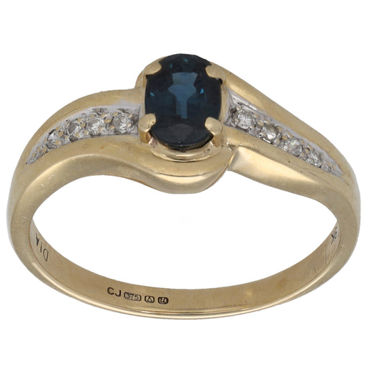 9ct Gold Sapphire & 0.04ct Diamond Single Stone Ring With Accents Size M