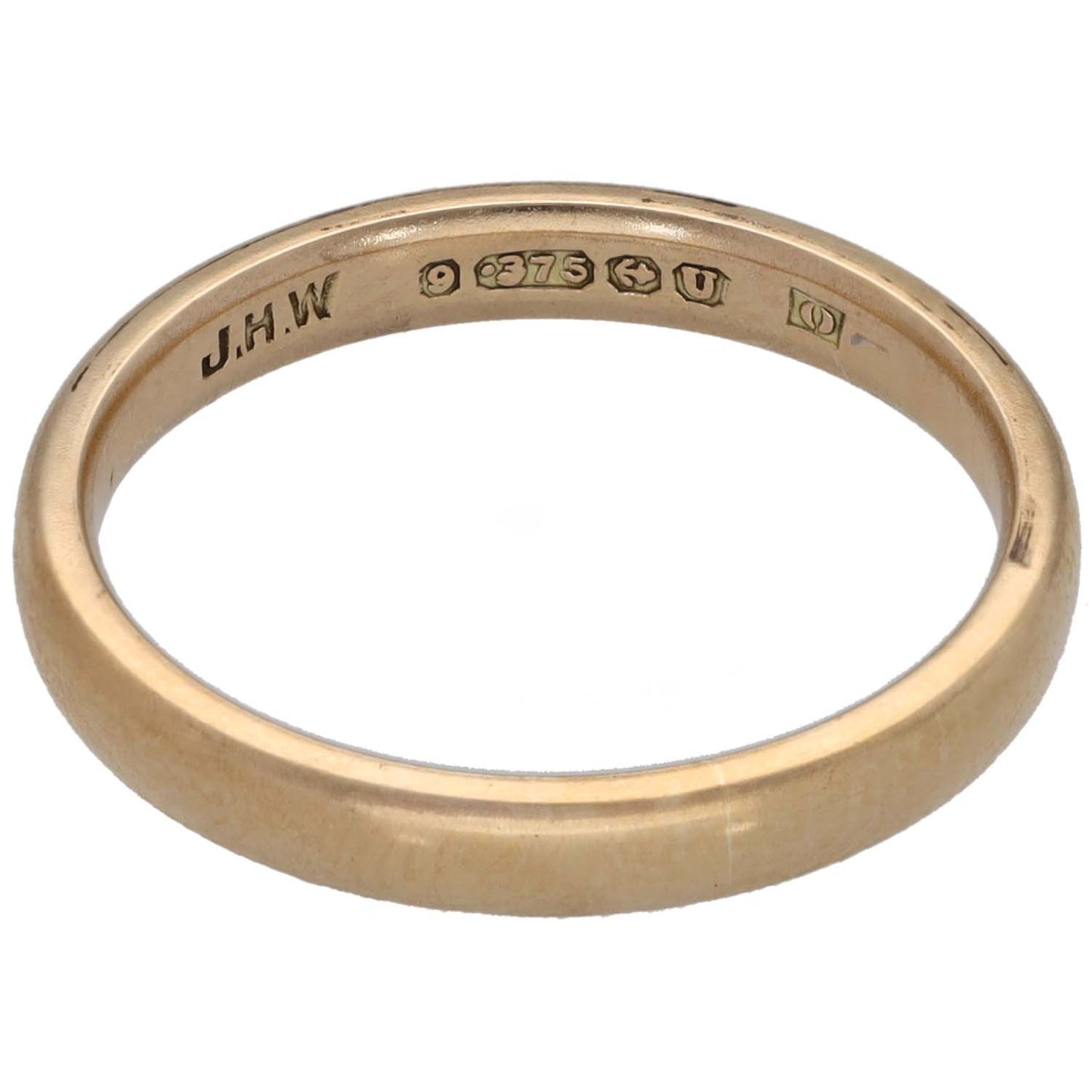 9ct gold plain wedding ring, hallmarked inner rim with polished finish