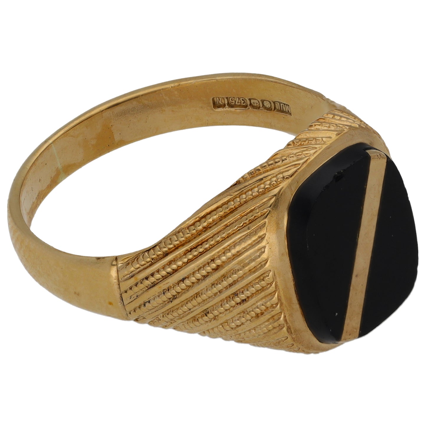 9ct Gold Onyx Single Stone Patterned Signet Ring Size V