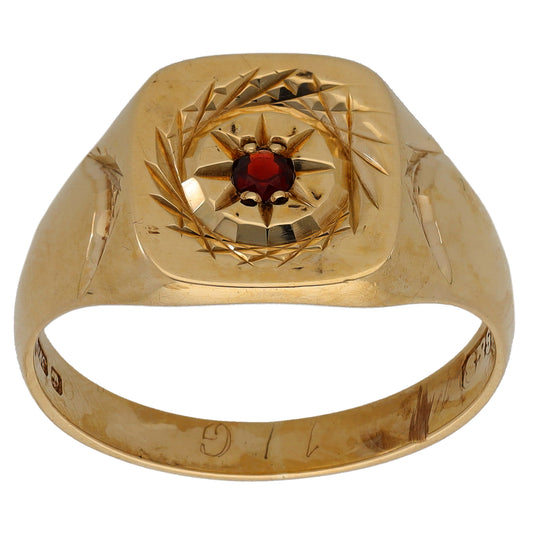 9ct Gold Garnet Single Stone Patterned Signet Ring Size W