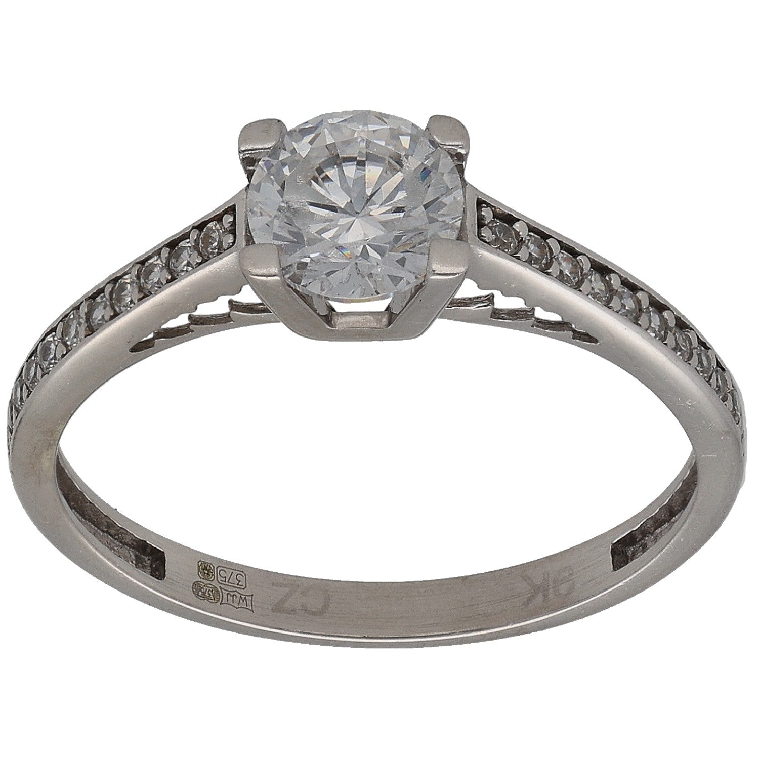 White gold tone CZ single-stone ring with pave accents and round center stone