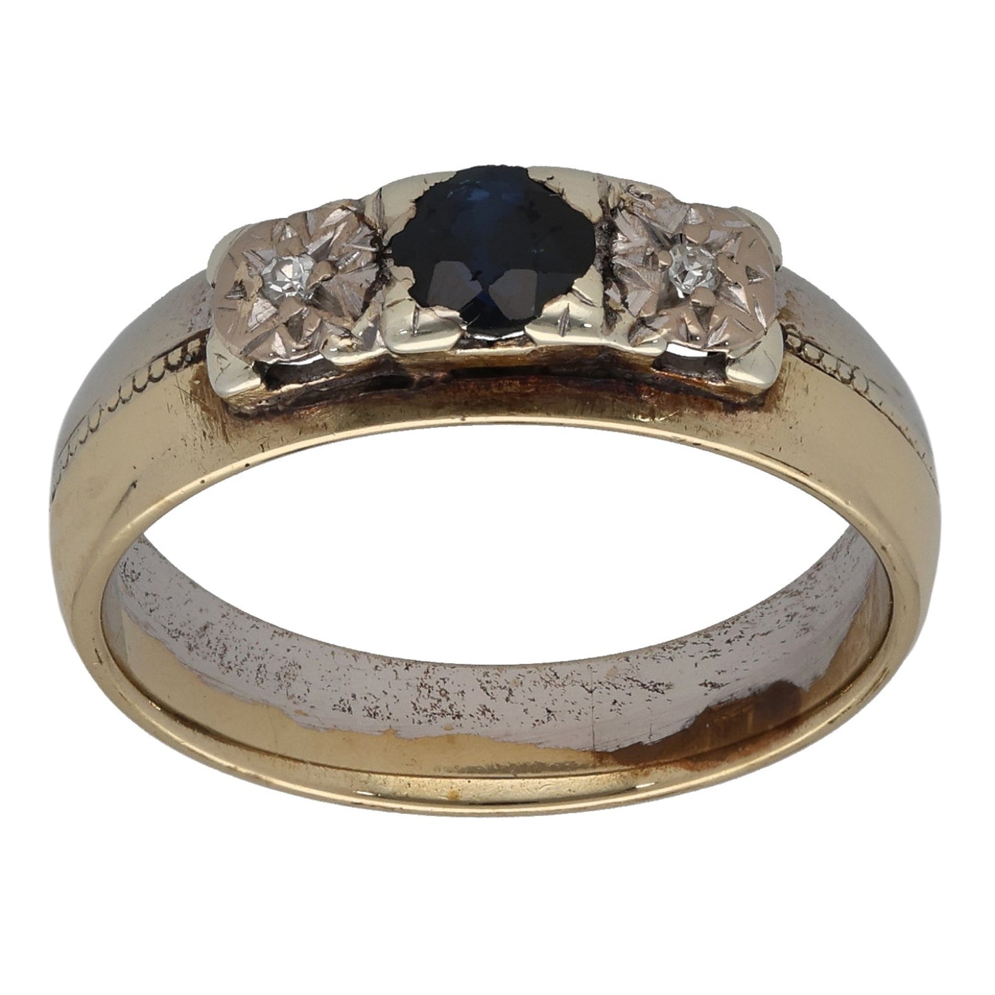 9ct Bicolour Gold Sapphire & 0.01ct Diamond Trilogy Ring Size N