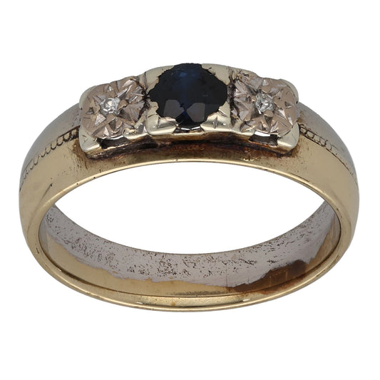 9ct Bicolour Gold Sapphire & 0.01ct Diamond Trilogy Ring Size N