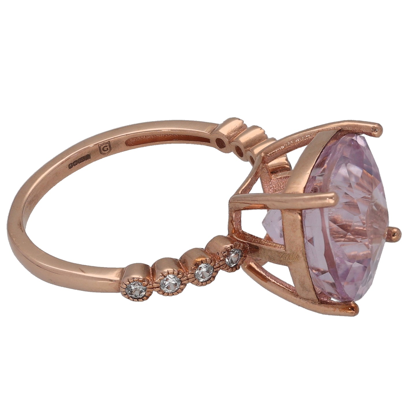 9ct Gold Kunzite & Imitation Single Stone Ring with Accent Stones Size N