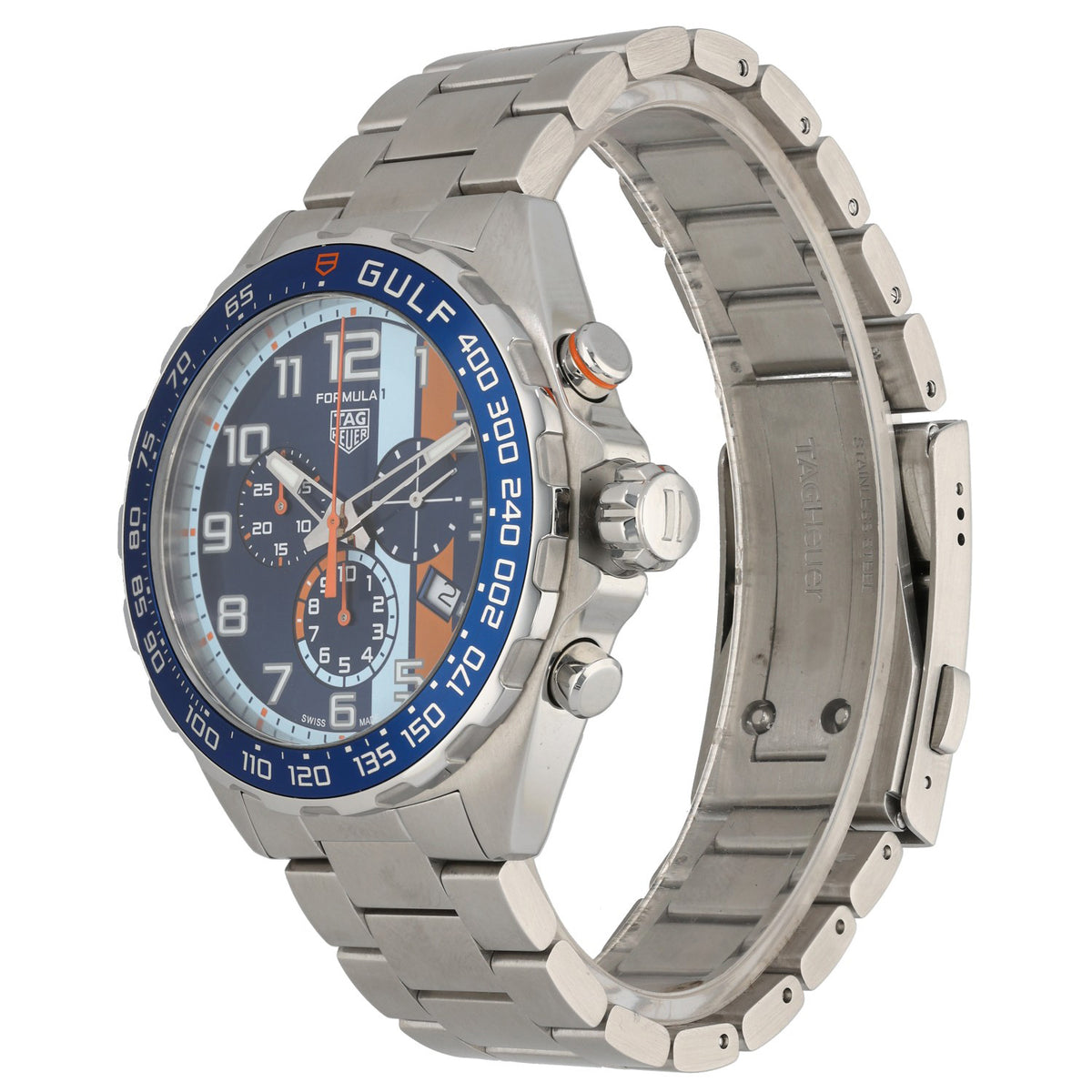 Tag Heuer F1 CAZ101AT Gulf Stainless steel chronograph wristwatch side profile with pushers, crown, and blue bezel