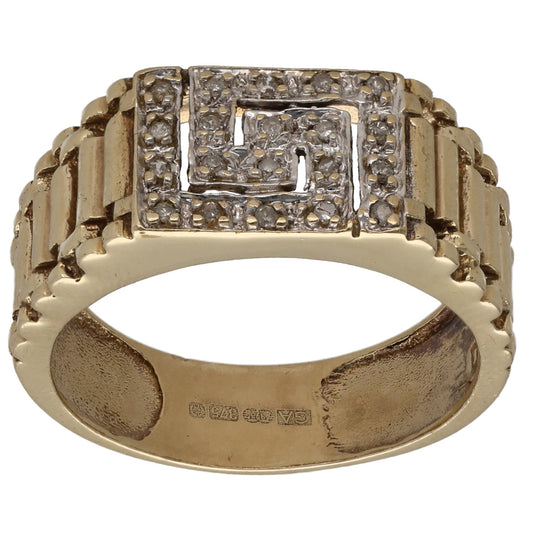 9ct Gold 0.10ct Diamond Patterned Signet Ring Size S