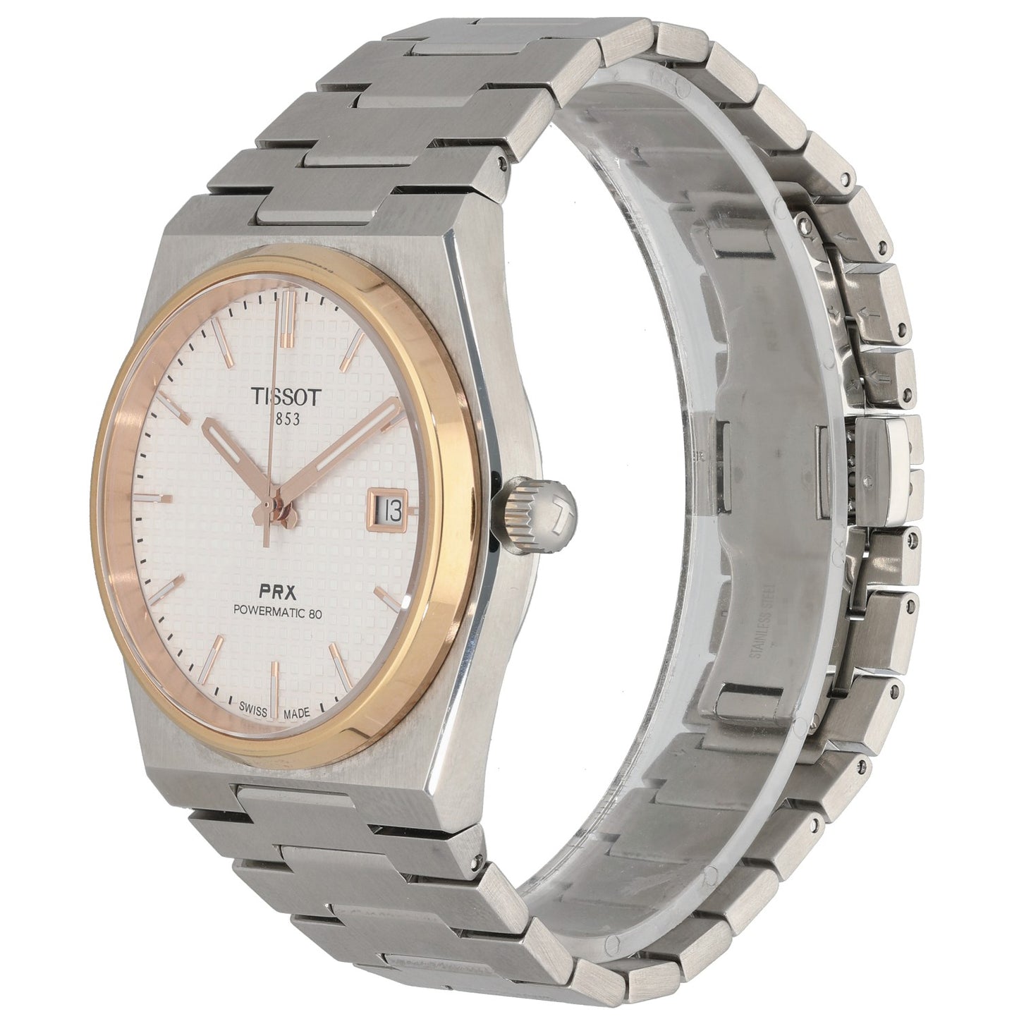 Tissot Vintage t137407a PRX watch profile with gold-tone bezel, date window at 3, stainless bracelet