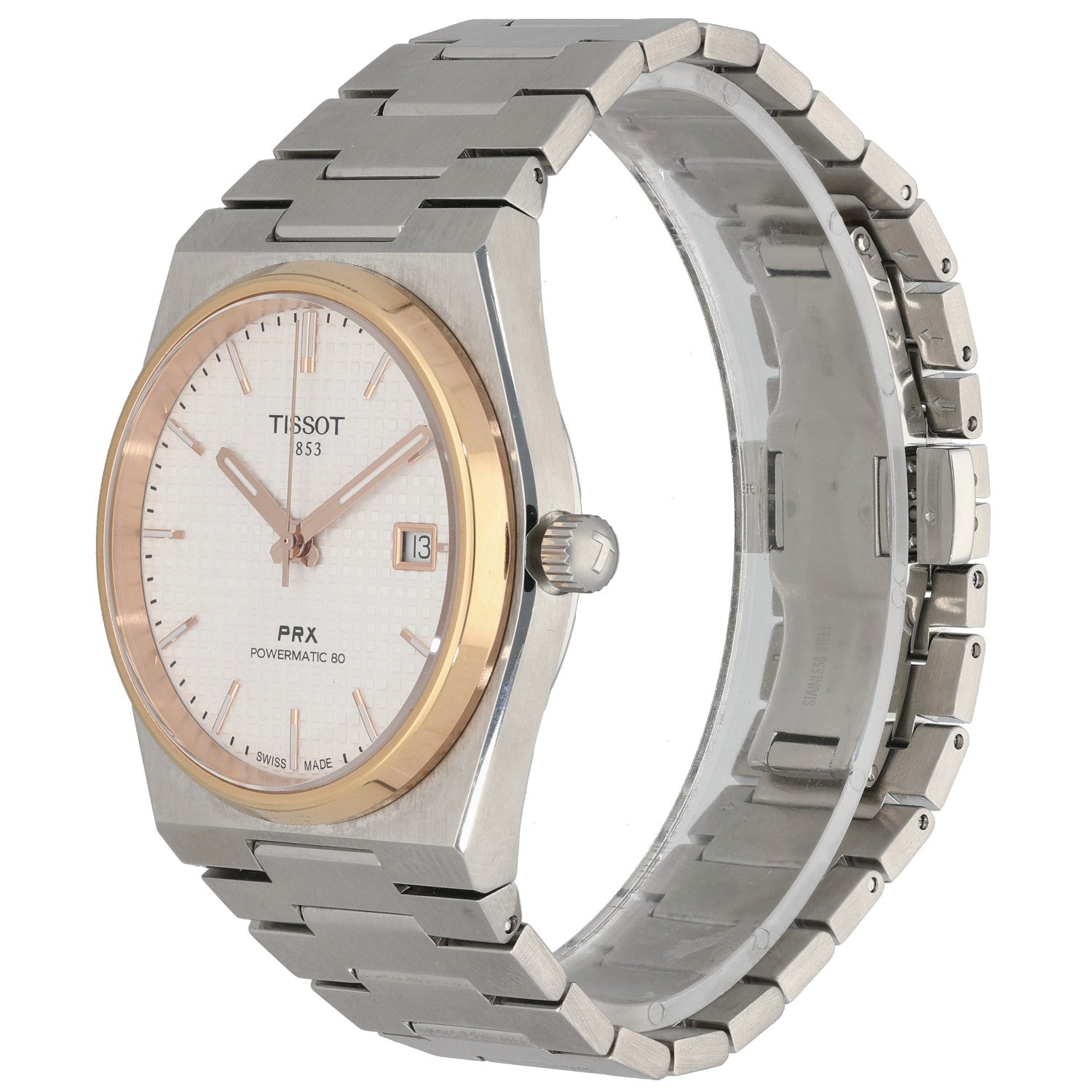 Tissot Vintage t137407a PRX watch profile with gold-tone bezel, date window at 3, stainless bracelet