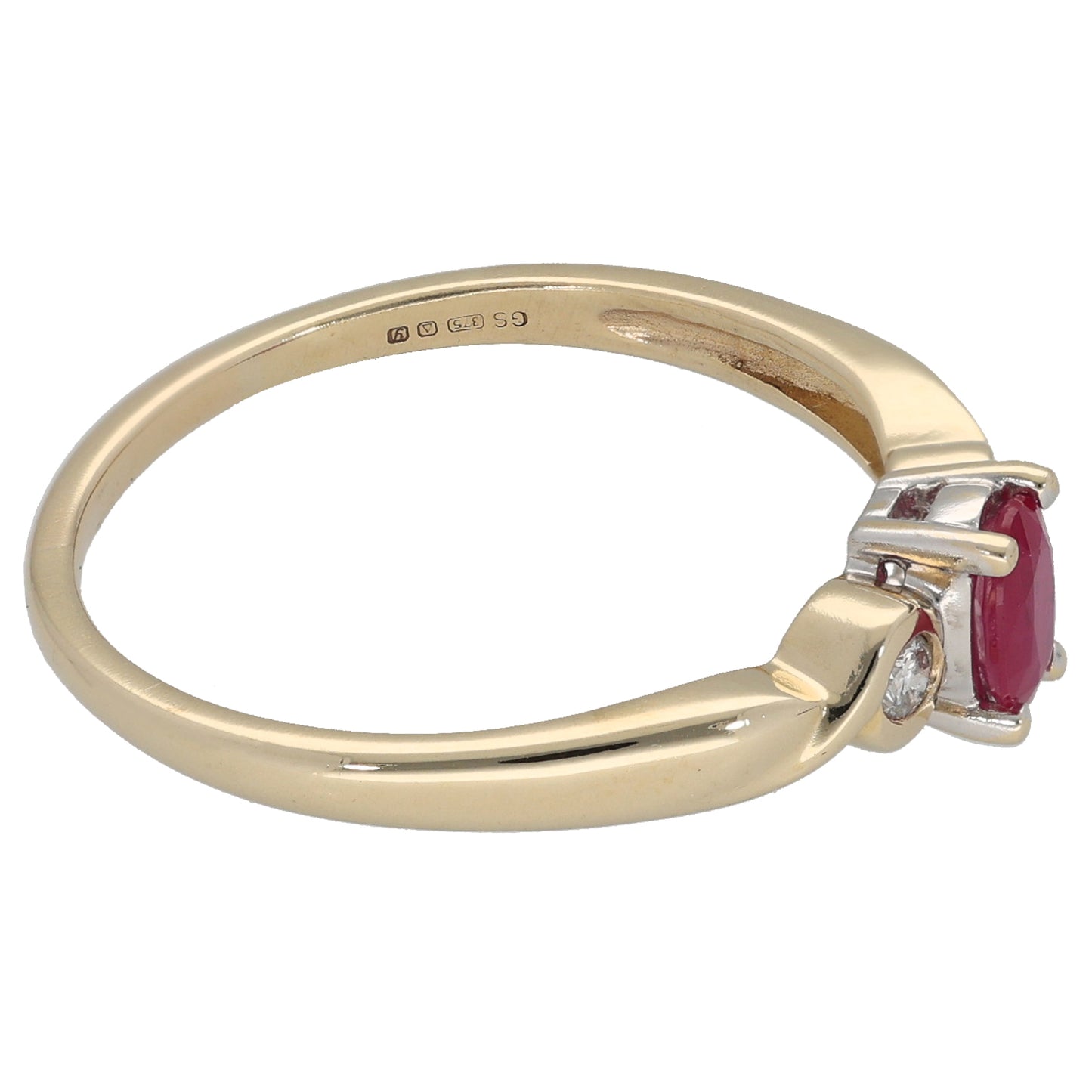 9ct Gold Diamond & Ruby Three Stone Ring Size U