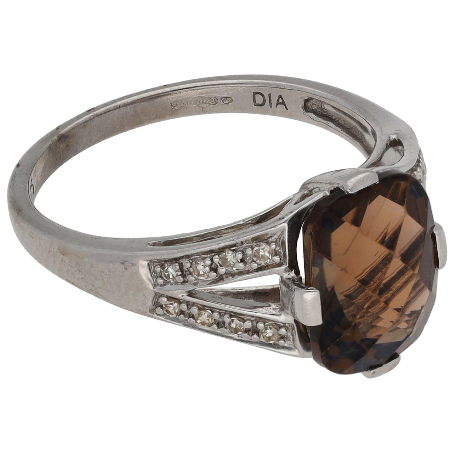 9ct White Gold Smoky Quartz & 0.08ct Diamond Single Stone Ring with Accent Stones Size N