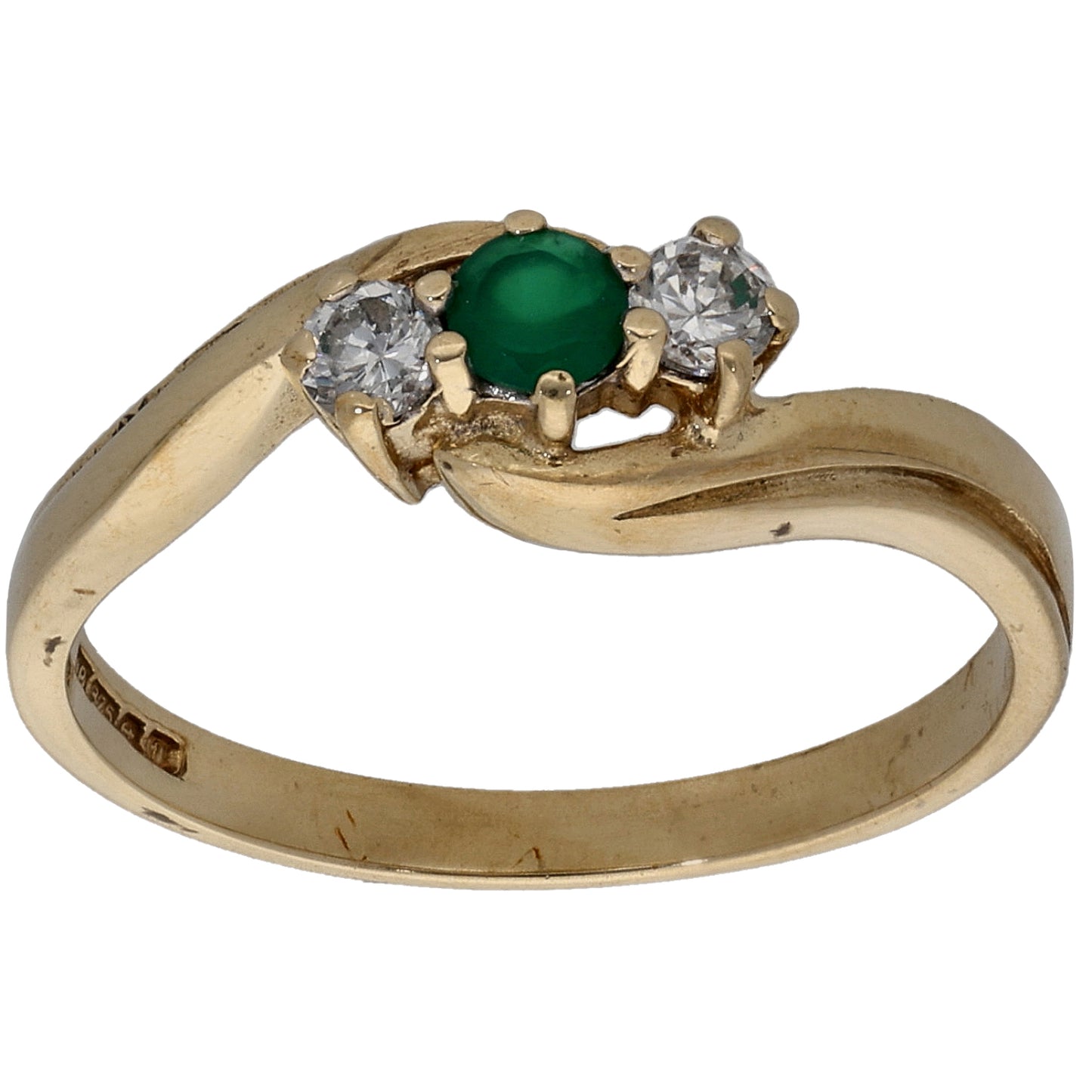 9ct Gold Green Agate & Cubic Zirconia Trilogy Ring Size O
