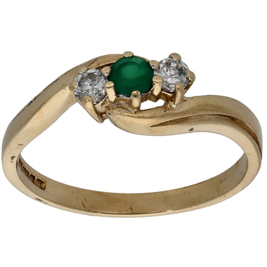 9ct Gold Green Agate & Cubic Zirconia Trilogy Ring Size O