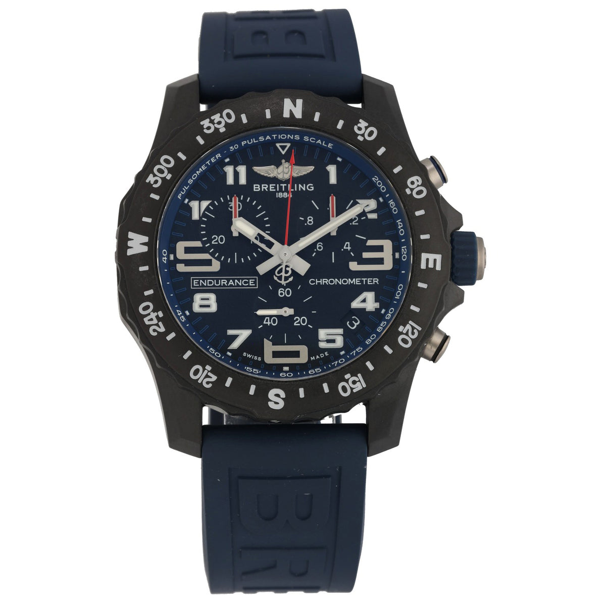 Breitling Endurance Pro X82310, with sub dials in a black Breitlight case with blue rubber bracelet