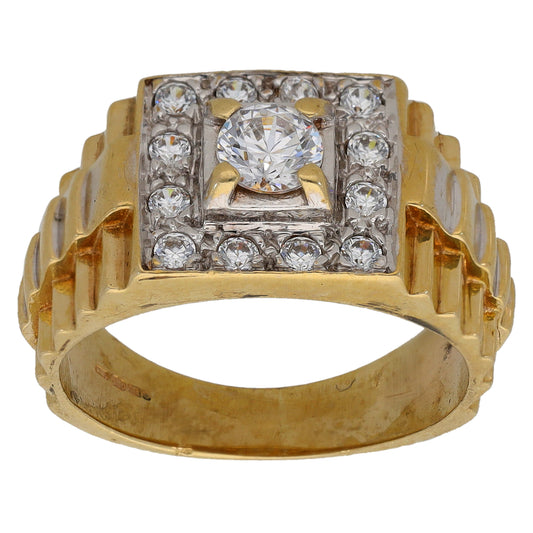 9ct Gold Cubic Zirconia Patterned Signet Ring Size M