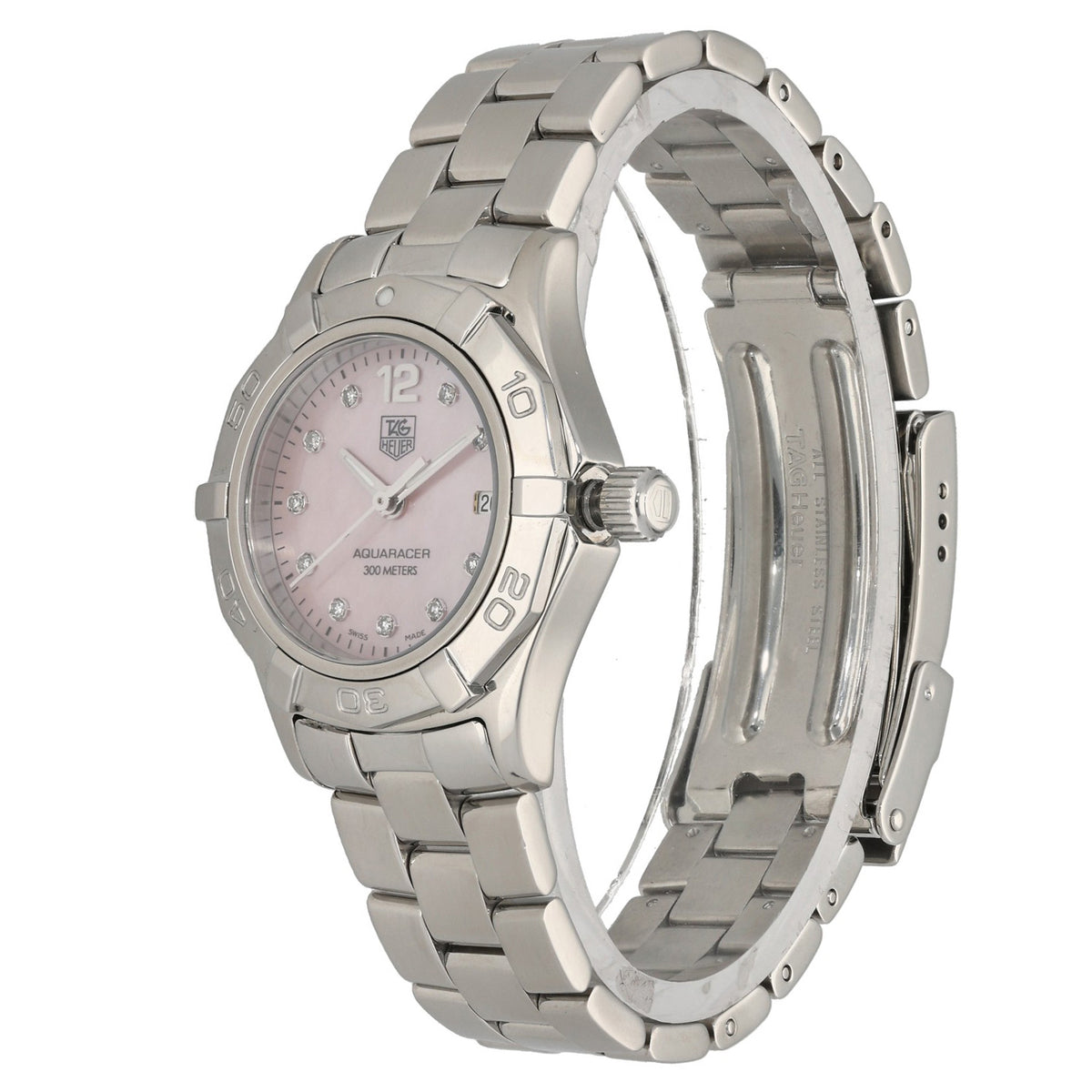 Tag Heuer Aquaracer WAF141A, with diamond hour markers and a pink Mother of Pearl dial, in a stainless steel case
